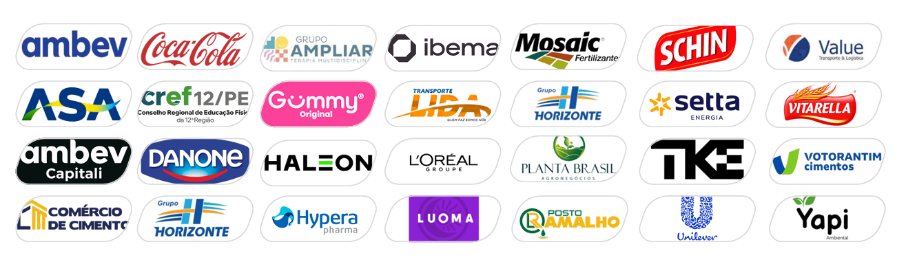 Logos dos clientes atendidos: Ambev, Coca-Cola, Unilever, Votorantim, Danone, L'Oréal, TKE, Hypera, Mosaic, Schin e outros