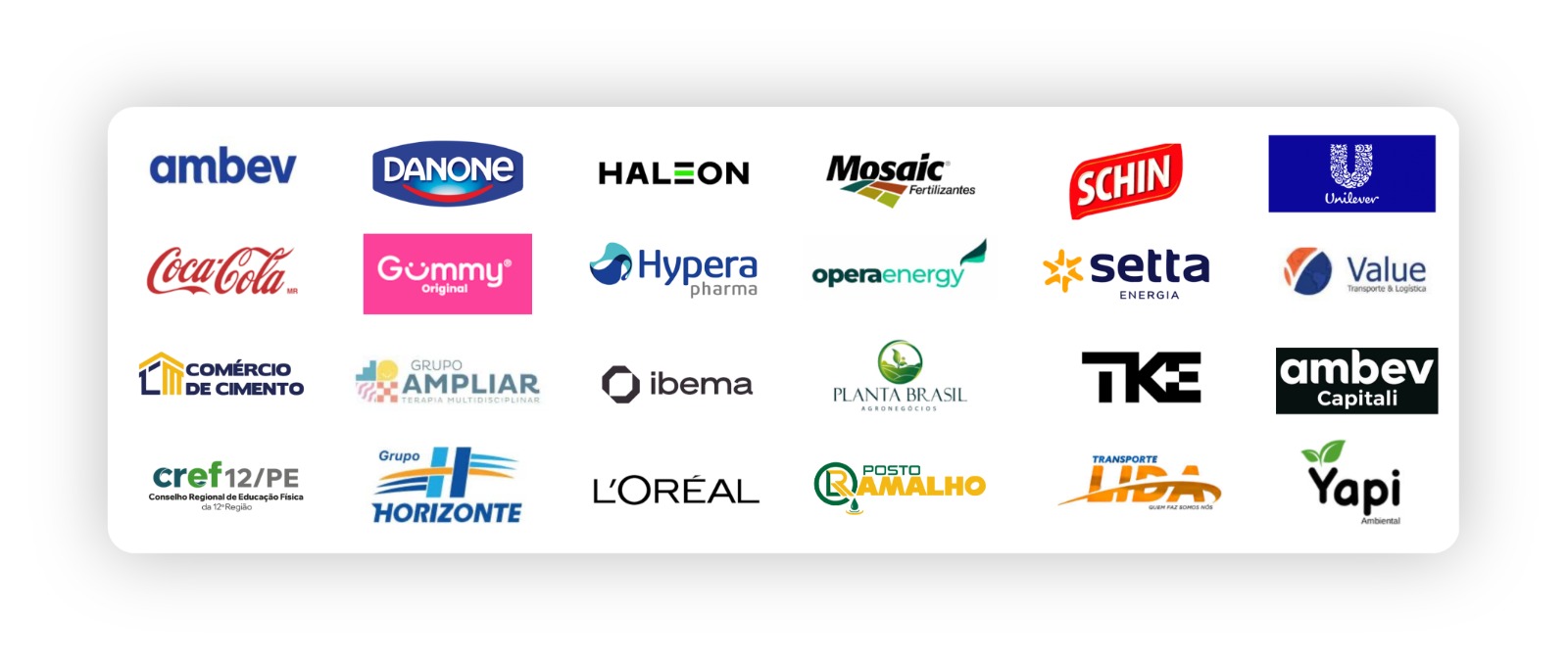 Clientes atendidos: Ambev, Unilever, TKE, Grupo Horizonte, Coca-Cola, Danone, Hypera, Transporte Lida, Schin, L'Oréal, Mosaic, Ambev Capitali, Setta Energia, Ibema, Haleon, Value, Gummy, Planta Brasil, CREF12/PE, Grupo Ampliar
